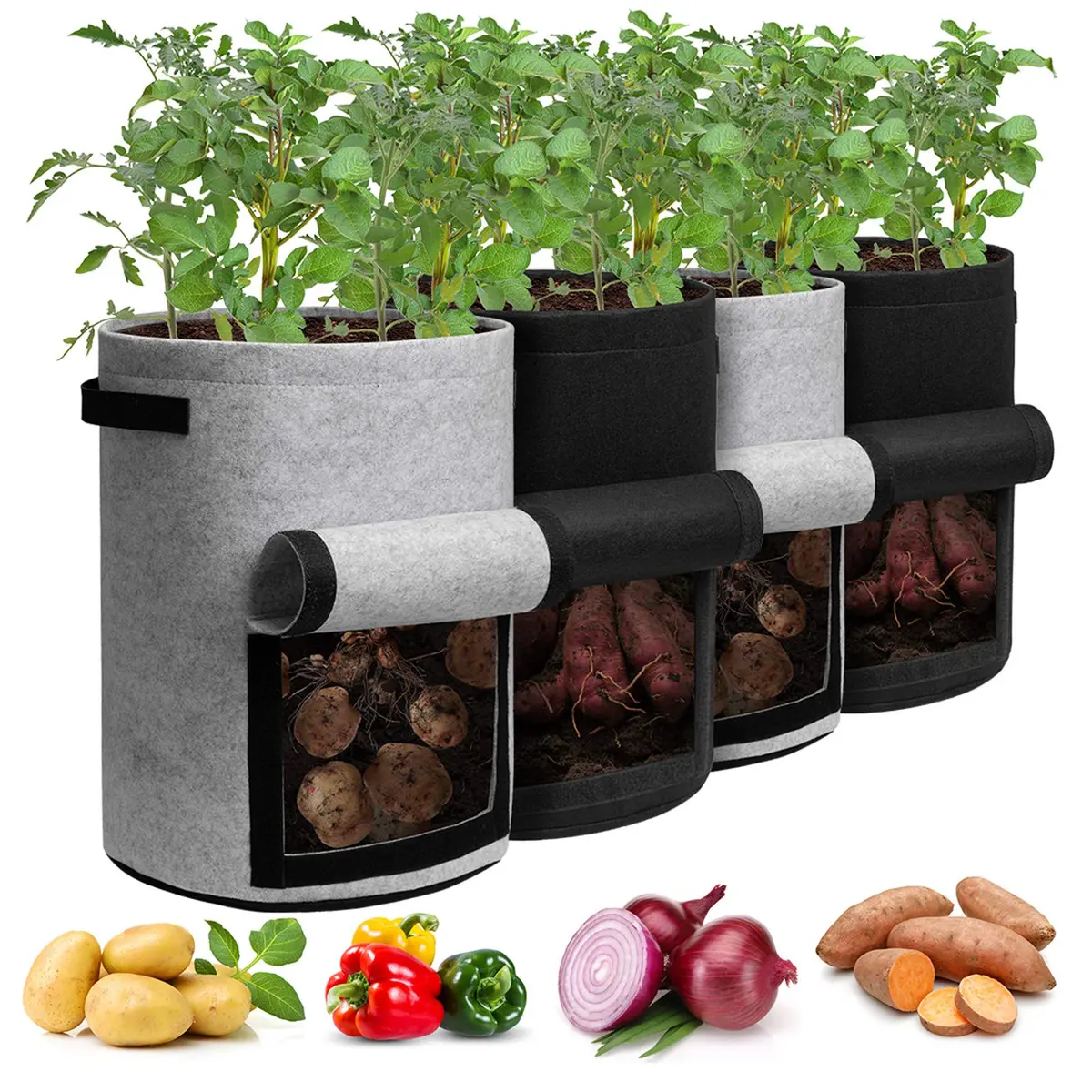 Homyhoo 4 Pack Plant Grow Bags 10 Gallon | Breathable, Handles & Harvest Window for Vegetables - main product image