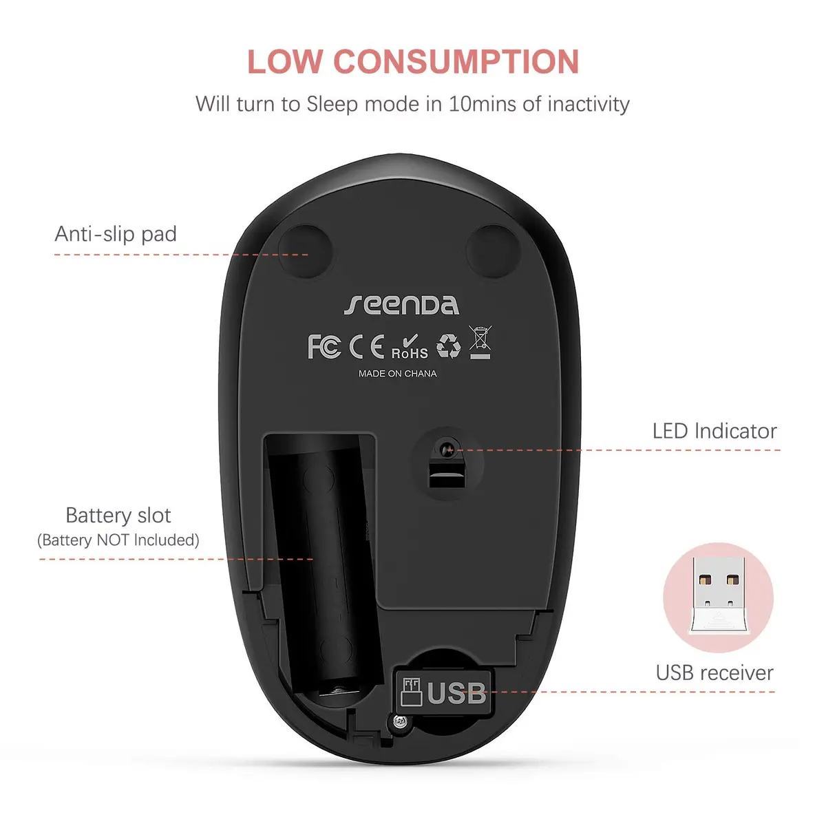 seenda Wireless Mouse 2.4G Noiseless Portable Rose Gold & Black | Compact, Reliable, for PC & Laptop - view 3
