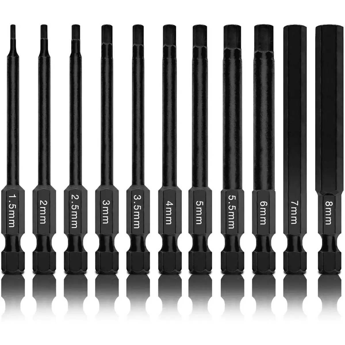 NEIKO 01148A Hex Allen Power Bit Set, 11-Piece Metric Sizes 1.5mm to 8mm | Magnetic Head Bits with 3 Quick Release Shanks - main product image