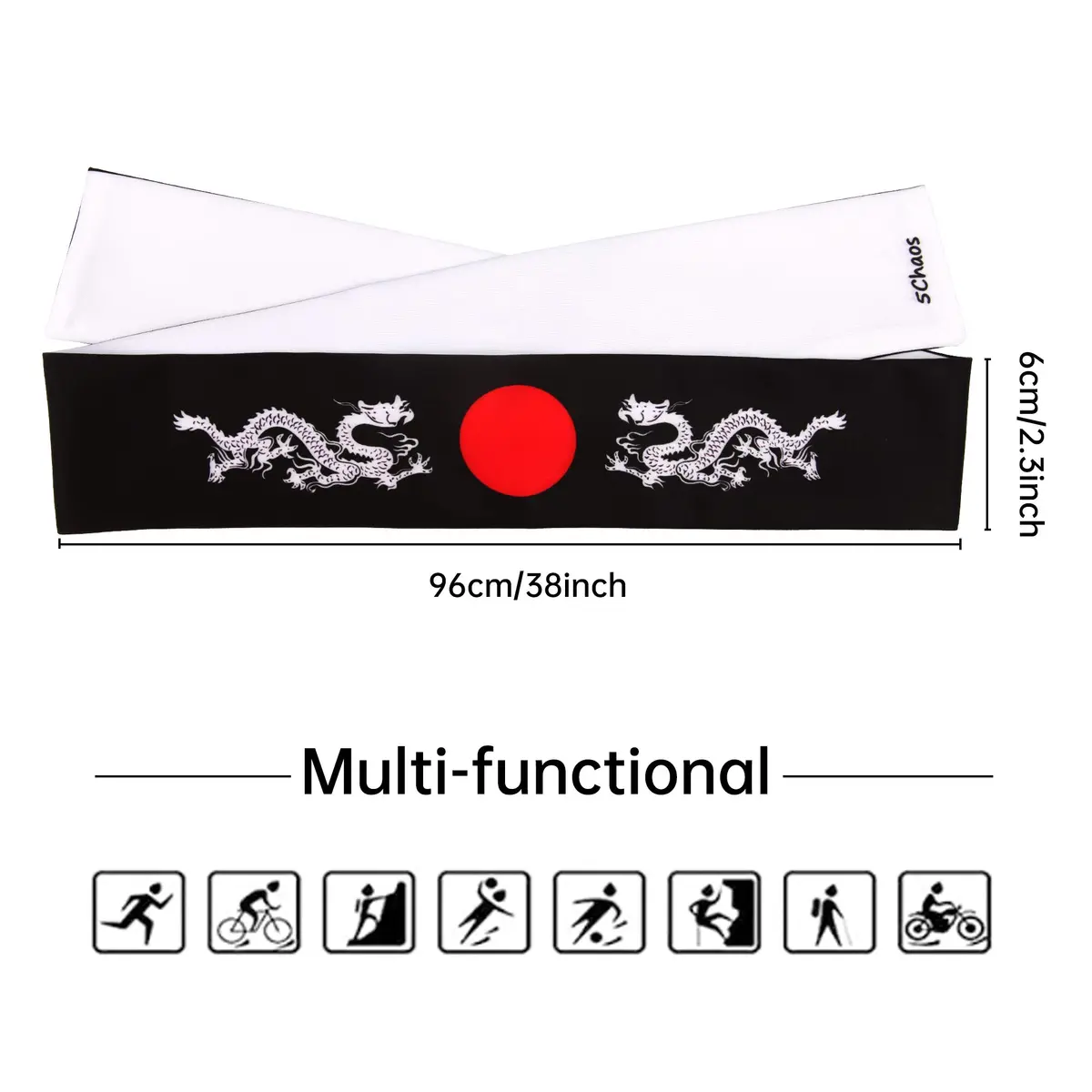 5Chaos Japanese Dragon Headband Hachimaki 5.8cm (2.3" W) x 96.5cm (38" L) | Reversible Bushido Head Wrap for Karate Cosplay Kitchen Chef Ninja Samurai Party Festival - view 5