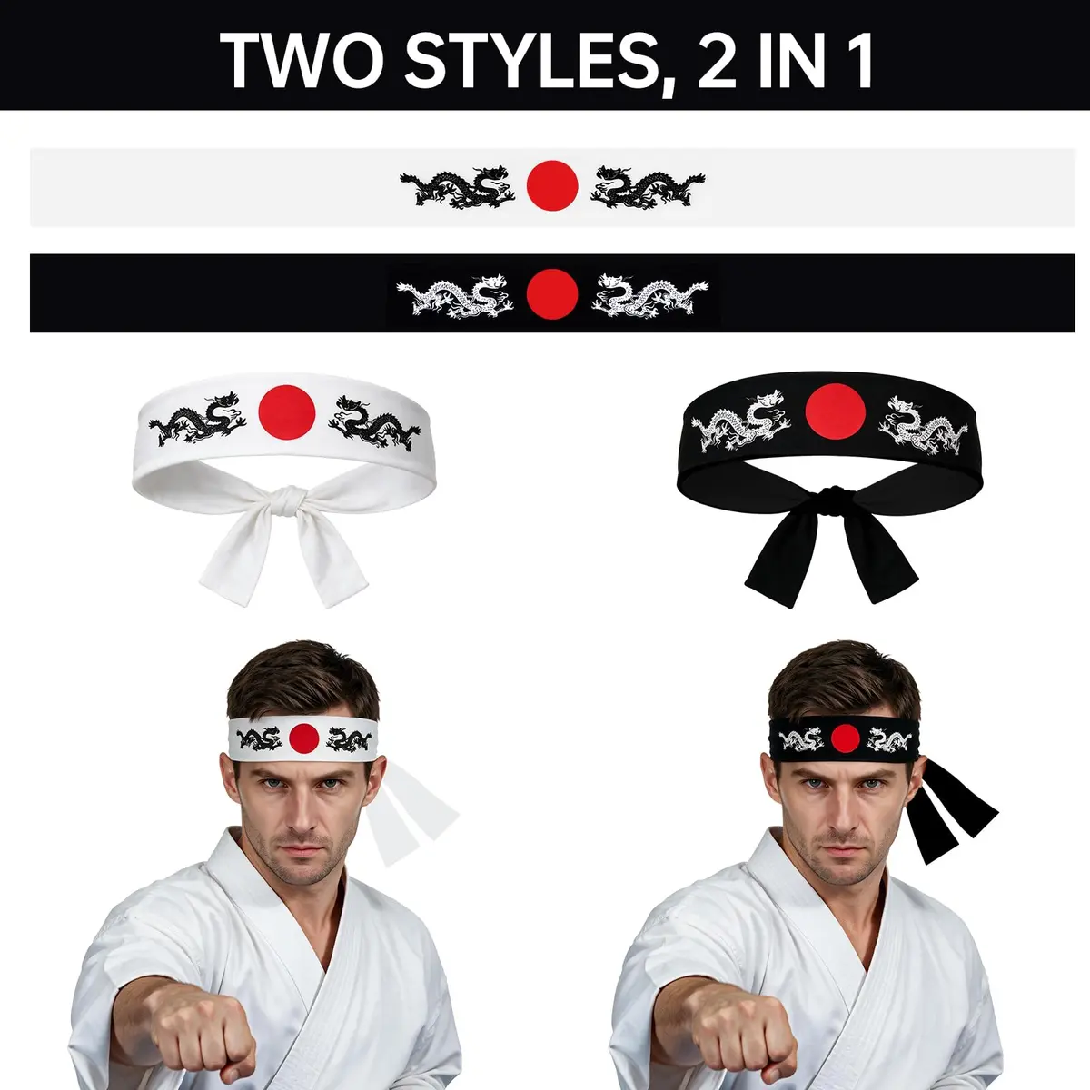 5Chaos Japanese Dragon Headband Hachimaki 5.8cm (2.3" W) x 96.5cm (38" L) | Reversible Bushido Head Wrap for Karate Cosplay Kitchen Chef Ninja Samurai Party Festival - view 2