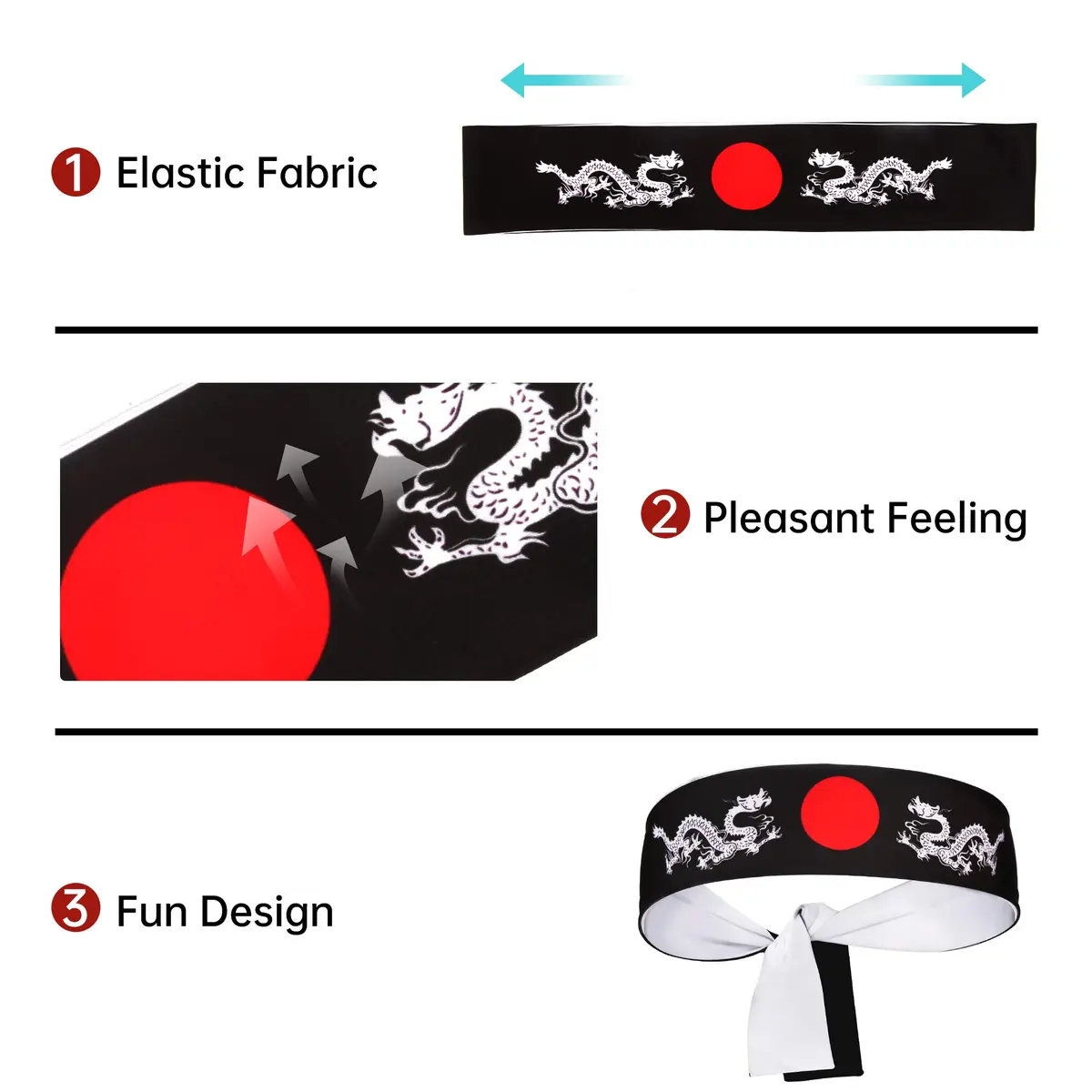 5Chaos Japanese Dragon Headband Hachimaki 5.8cm (2.3" W) x 96.5cm (38" L) | Reversible Bushido Head Wrap for Karate Cosplay Kitchen Chef Ninja Samurai Party Festival - view 4