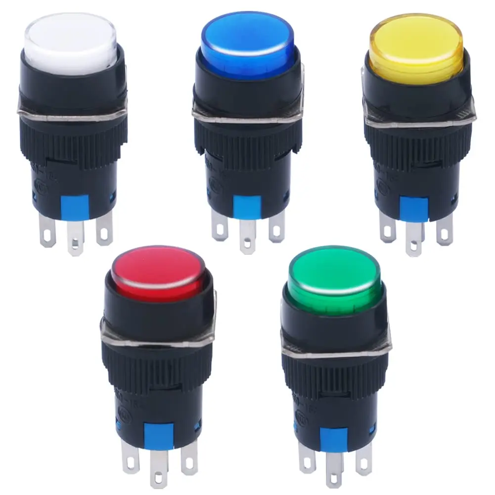 mxuteuk 16mm Momentary Push Button Switch with LED Light, 1NO 1NC SPDT, 5 Color Pack | Industrial Control Component - main product image