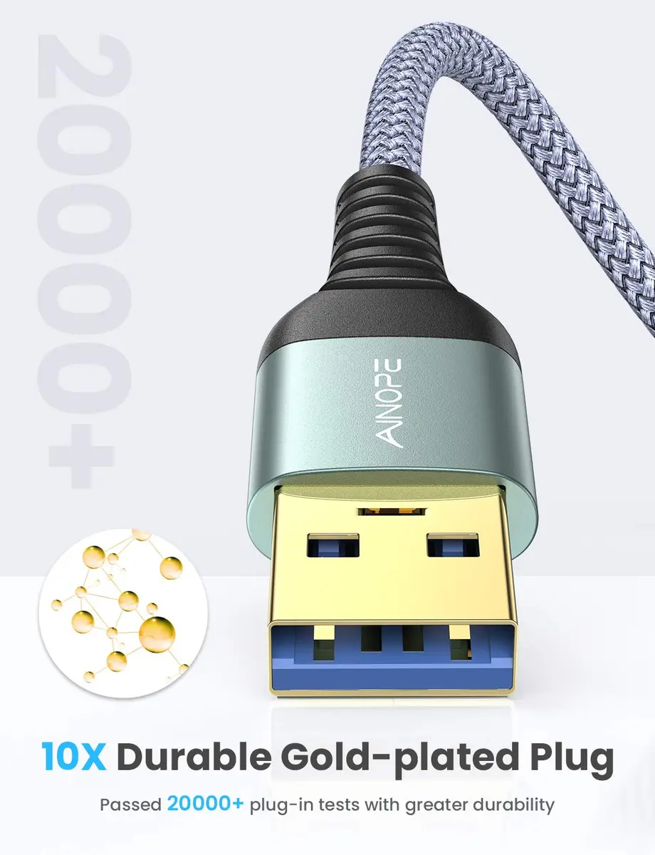 AINOPE 2 Pack USB 3.0 Extension Cable 10FT | High-Speed Data & Fast Charging with Reinforced Braided Material - view 4