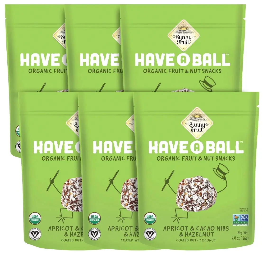 Sunny Fruit 100% RAW Fruit & Nut Snacks, Apricot, Cacao Nibs & Hazelnut, 6-Pack (9 Balls Per Bag) | No Sugar Added | Healthy, Convenient, On-the-Go Energy Balls | ORGANIC, VEGAN, GLUTEN-FREE, KOSHER - main product image