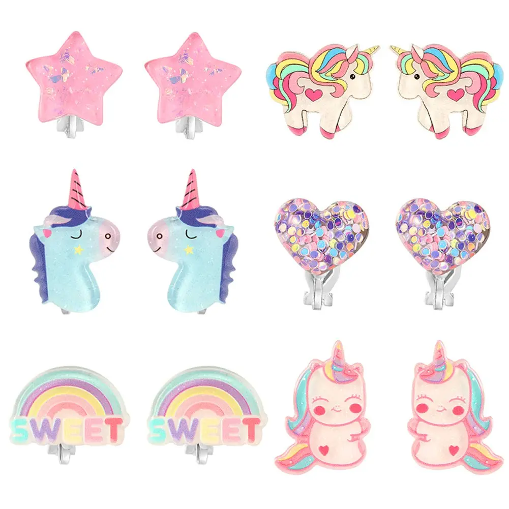 PinkSheep Unicorn Clip On Earrings for Little Girls, 6 Pairs | Non-Pierced, Safe & Durable - main product image