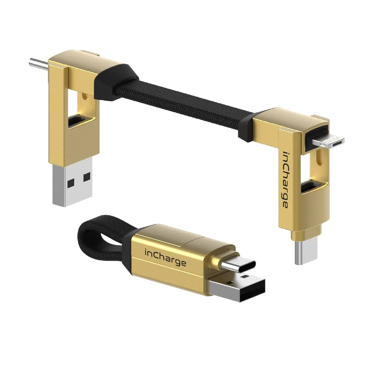 Rolling Square inCharge 6 Keychain USB C Charger Cable, Lightning & Micro-USB, 15W, Gold - main product image