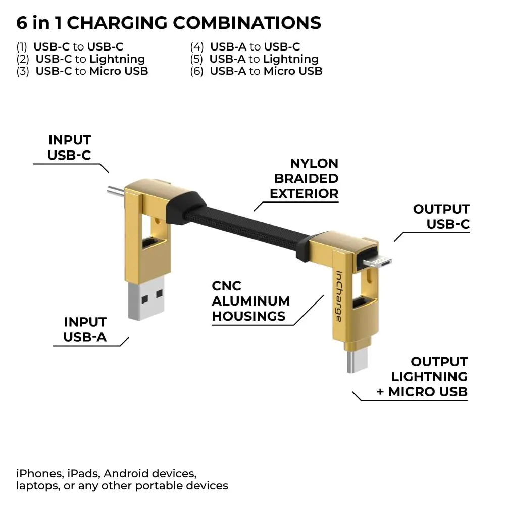 Rolling Square inCharge 6 Keychain USB C Charger Cable, Lightning & Micro-USB, 15W, Gold - view 2