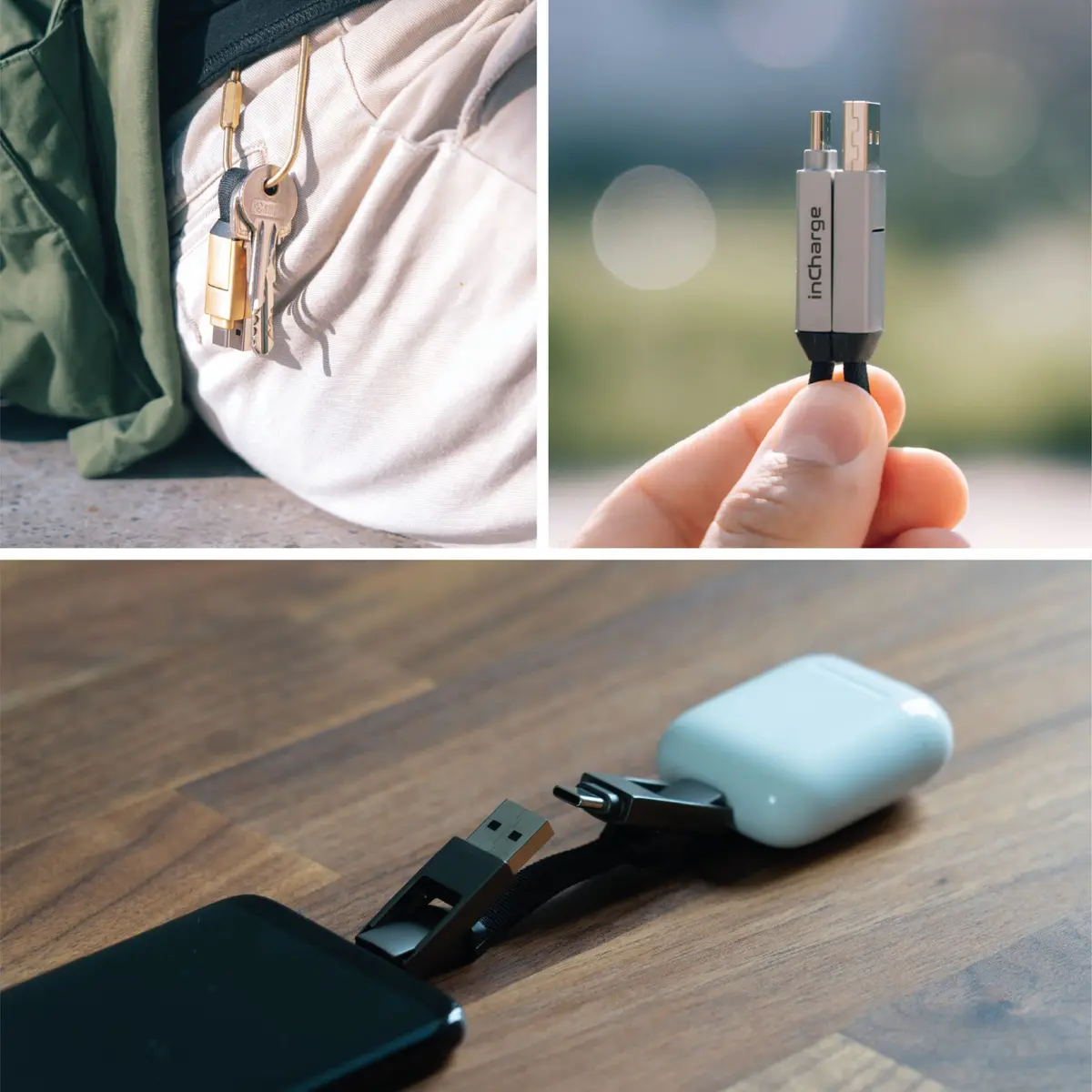 Rolling Square inCharge 6 Keychain USB C Charger Cable, Lightning & Micro-USB, 15W, Gold - view 3