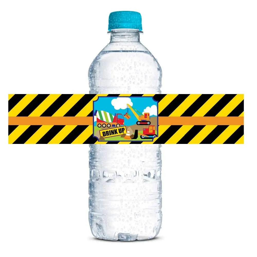 Amanda Creation Waterproof Water Bottle Sticker Wrappers 20 1.75" x 8.5" | Construction Site Party Zone Labels - main product image
