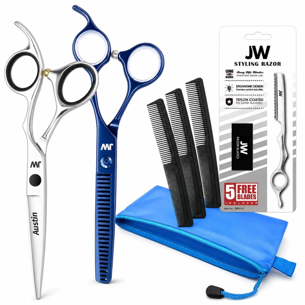 JW Shears CRX Professional Hair Cutting & Thinning Shear Set with Razor, 6cm (2.36in) Blade, Japanese Stainless Steel | Value Kit for Stylists & Home Use - main product image