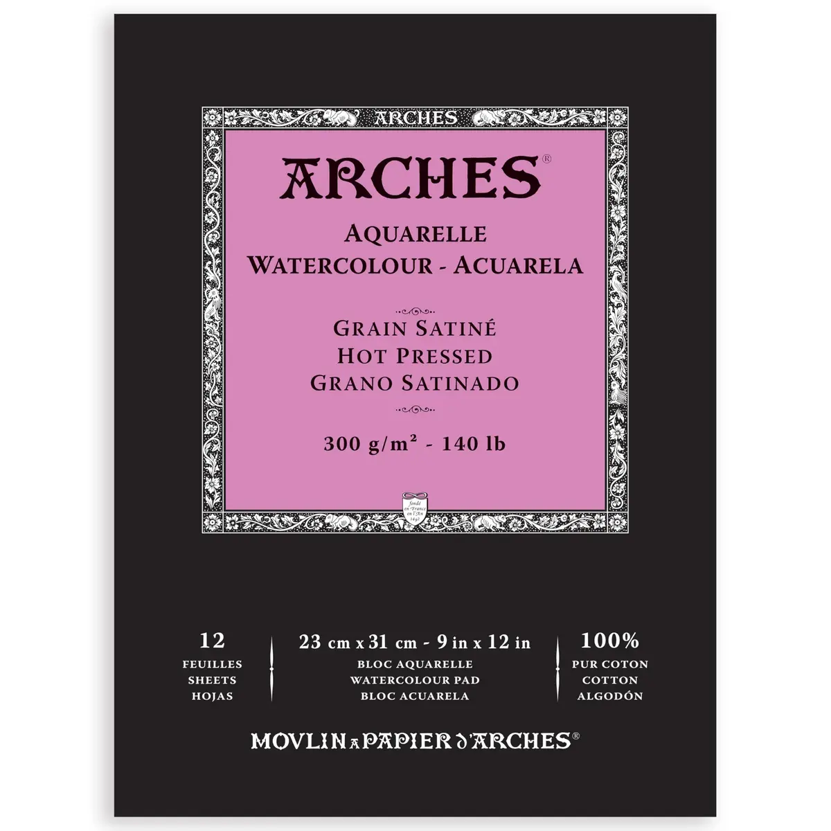 Arches Aquarelle Watercolor Pad, Hot Pressed, 300gsm (140lb) 23x30cm (9x12 inch) | 100% Cotton Paper - main product image