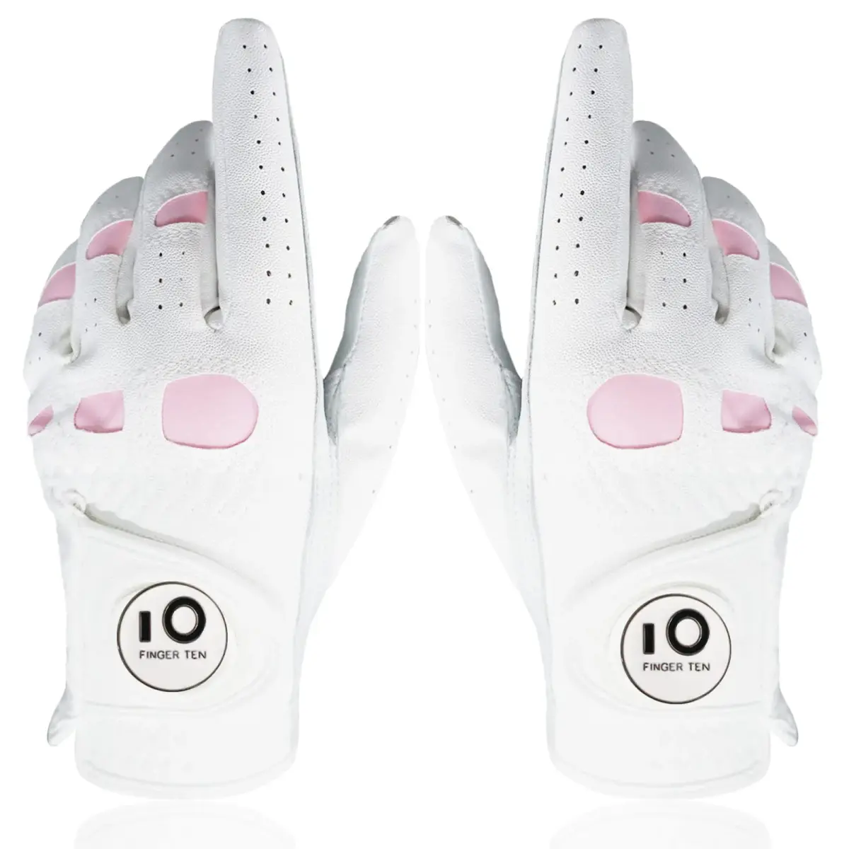 FINGER TEN Women's Leather Golf Gloves with Ball Marker, White&Pink, Small | Enhanced Grip & Comfort for Female Golfers - main product image