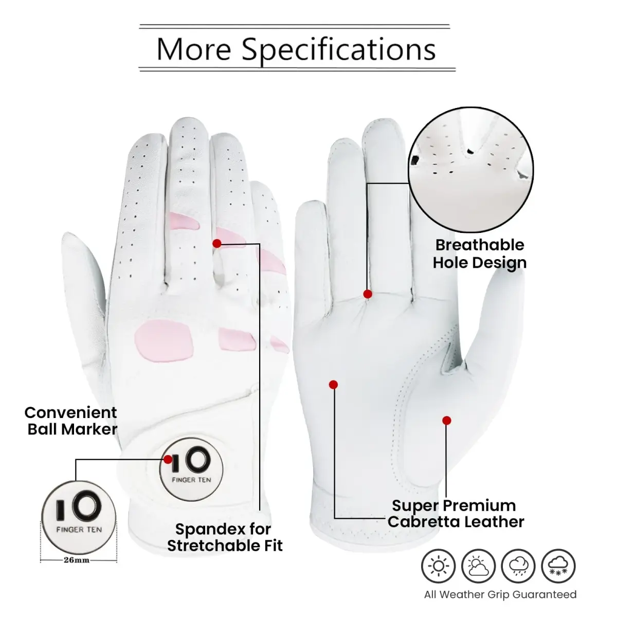 FINGER TEN Women's Leather Golf Gloves with Ball Marker, White&Pink, Small | Enhanced Grip & Comfort for Female Golfers - view 2