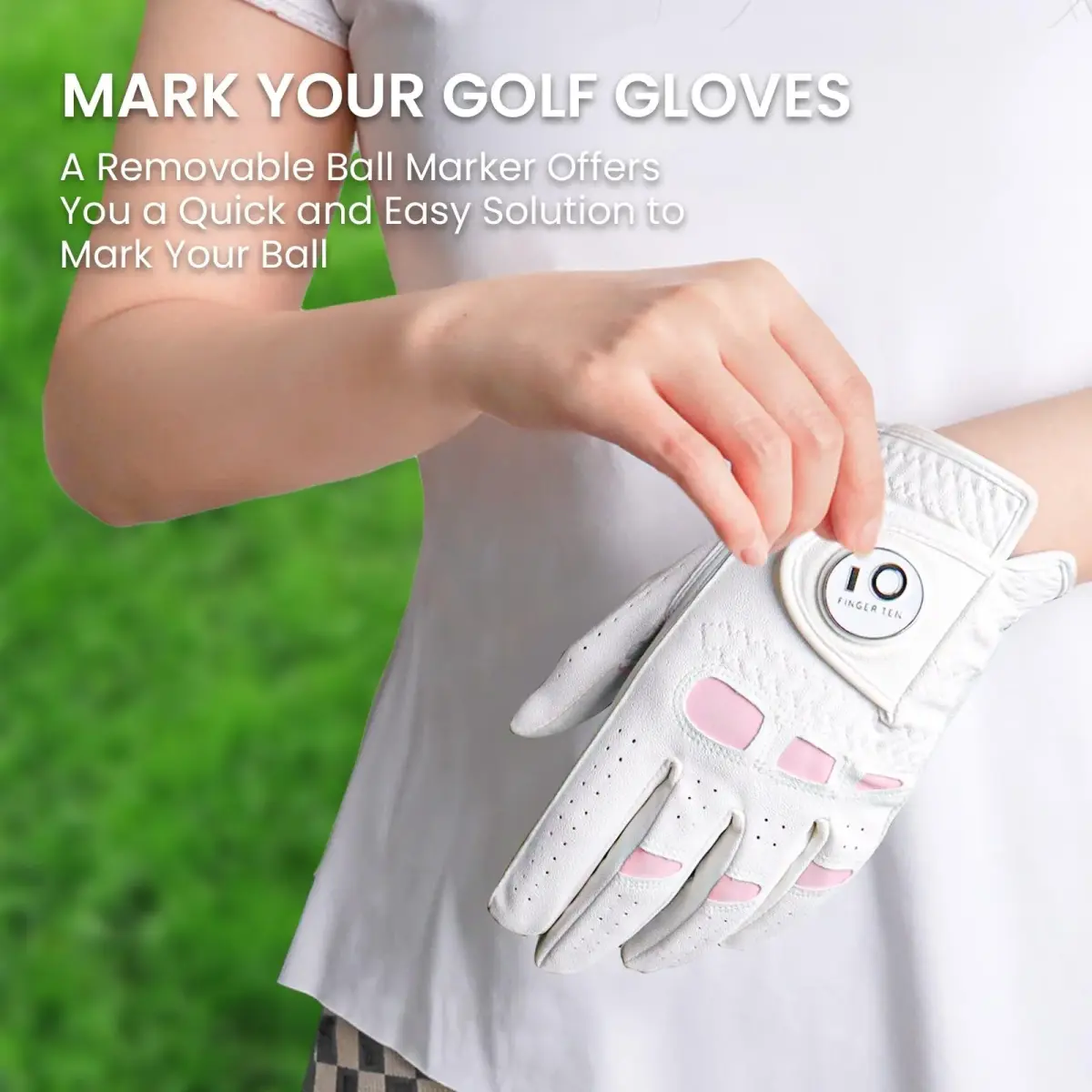 FINGER TEN Women's Leather Golf Gloves with Ball Marker, White&Pink, Small | Enhanced Grip & Comfort for Female Golfers - view 4