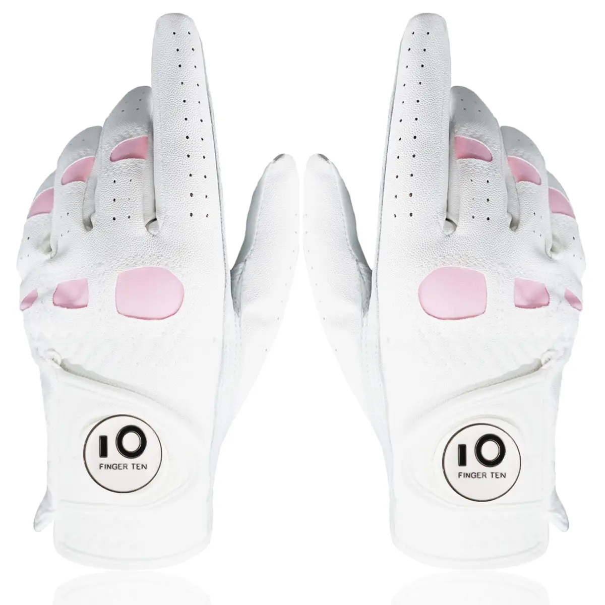 FINGER TEN Women Leather Golf Gloves with Ball Marker | Enhanced Grip & Comfort for Ladies (White&Pink-1 Pair, Medium) - main product image