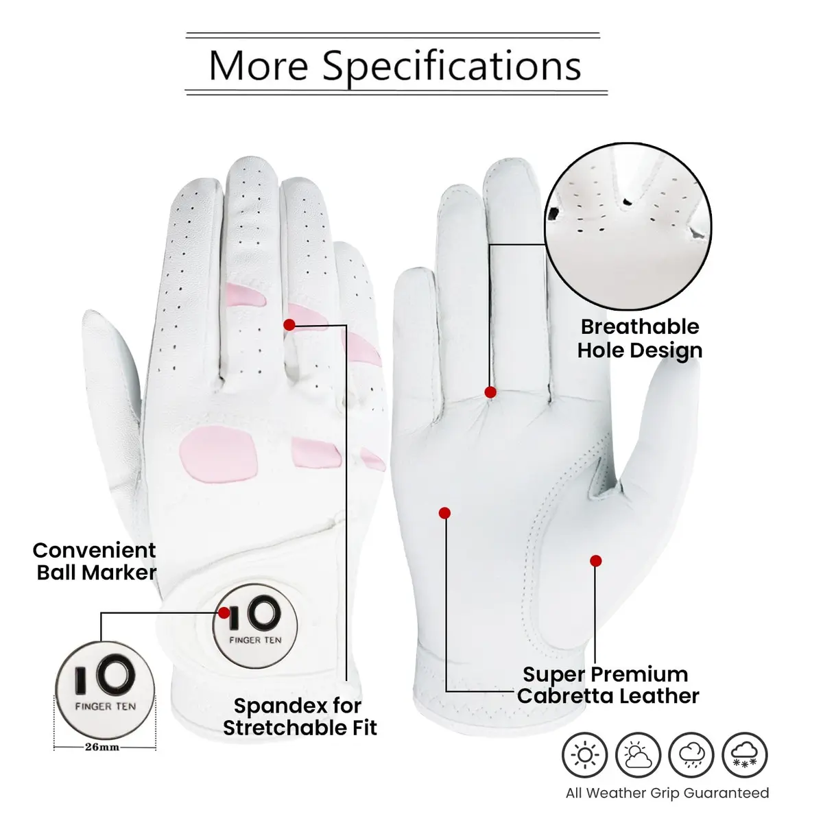 FINGER TEN Women Leather Golf Gloves with Ball Marker | Enhanced Grip & Comfort for Ladies (White&Pink-1 Pair, Medium) - view 2