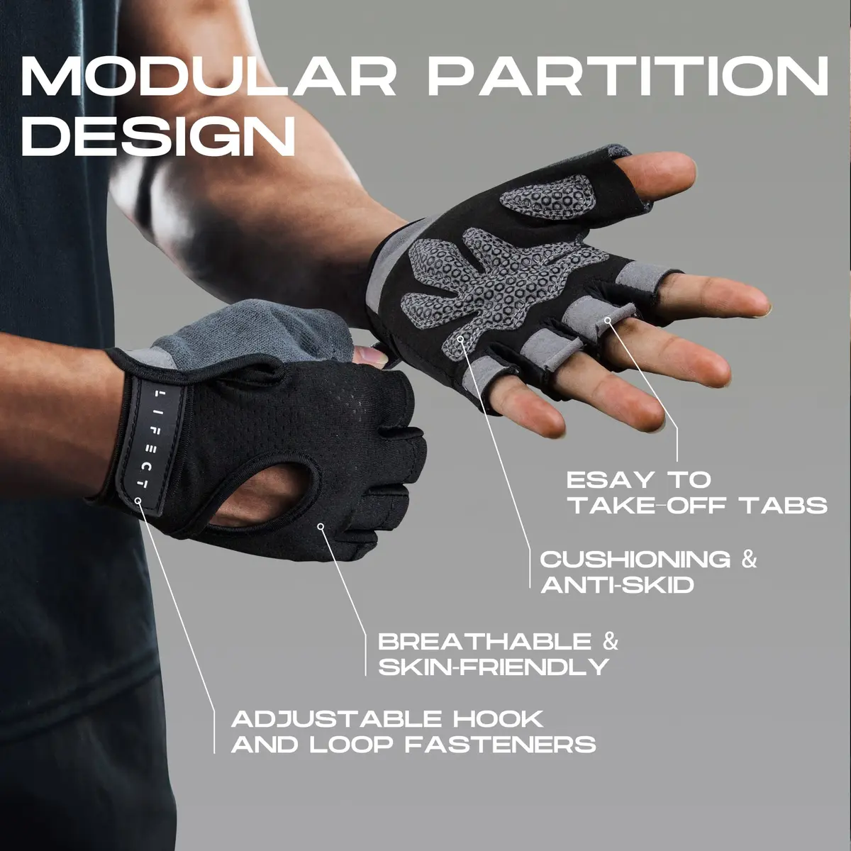 LIFECT Essential Breathable Workout Gloves, Knuckle Weight Lifting Fingerless Gym Exercise Gloves with Curved Open Back, for Powerlifting, Crossfit, Women and Men (Black, X-Large) - view 8