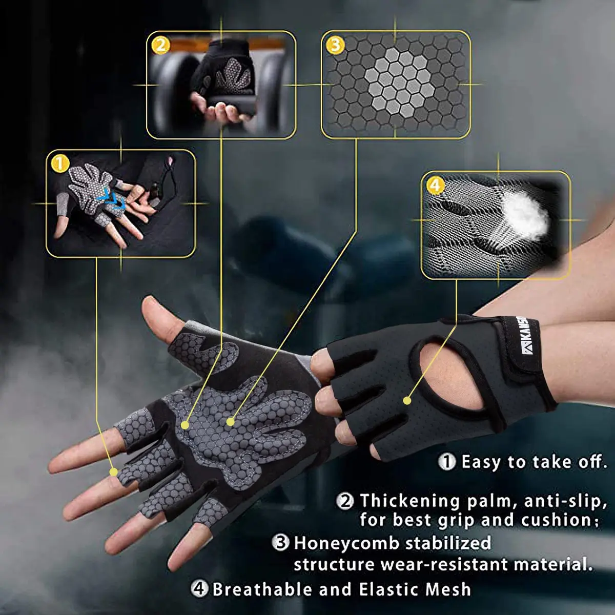 LIFECT Essential Breathable Workout Gloves, Knuckle Weight Lifting Fingerless Gym Exercise Gloves with Curved Open Back, for Powerlifting, Crossfit, Women and Men (Black, X-Large) - view 2