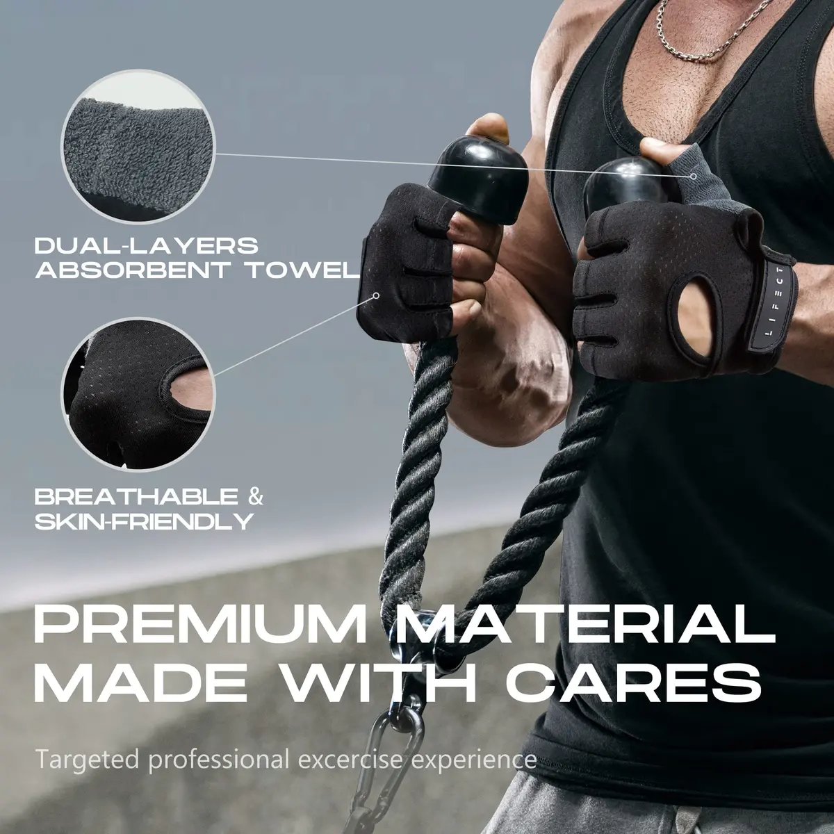 LIFECT Essential Breathable Workout Gloves, Knuckle Weight Lifting Fingerless Gym Exercise Gloves with Curved Open Back, for Powerlifting, Crossfit, Women and Men (Black, X-Large) - view 4