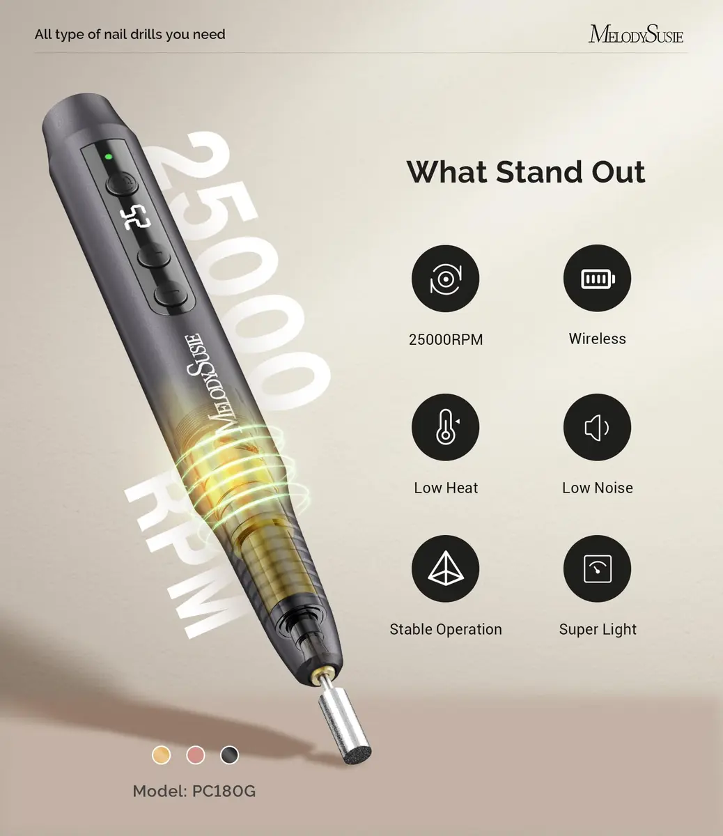 MelodySusie Pen-Shaped Portable Cordless Nail Drill 25000RPM | Rechargeable Electric File with LED Display for Nail Art & Acrylic Gel Removal - view 4