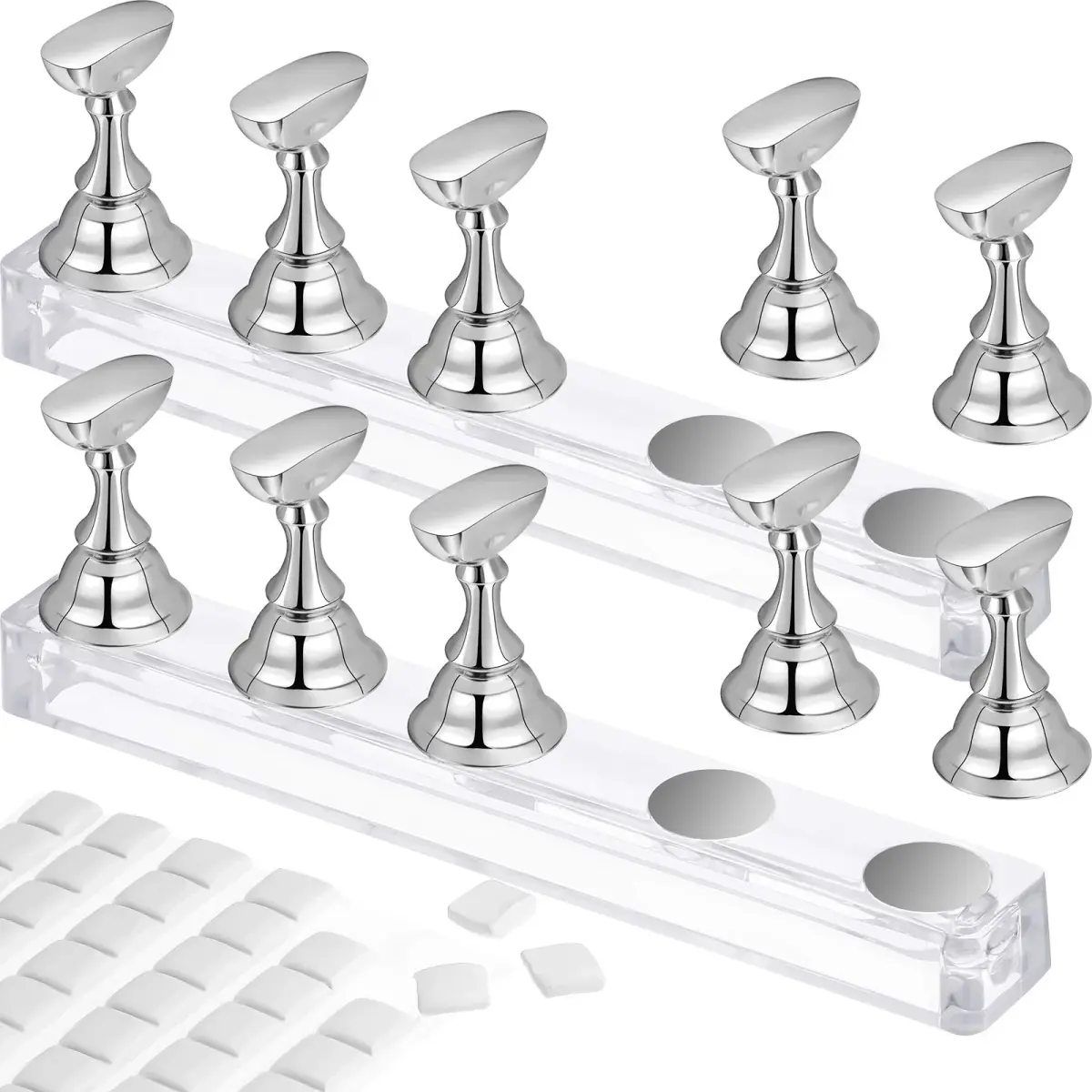 Blulu Magnetic Nail Art Practice Stands Set with 96 Adhesive Putty | 2 Sets Silver - main product image