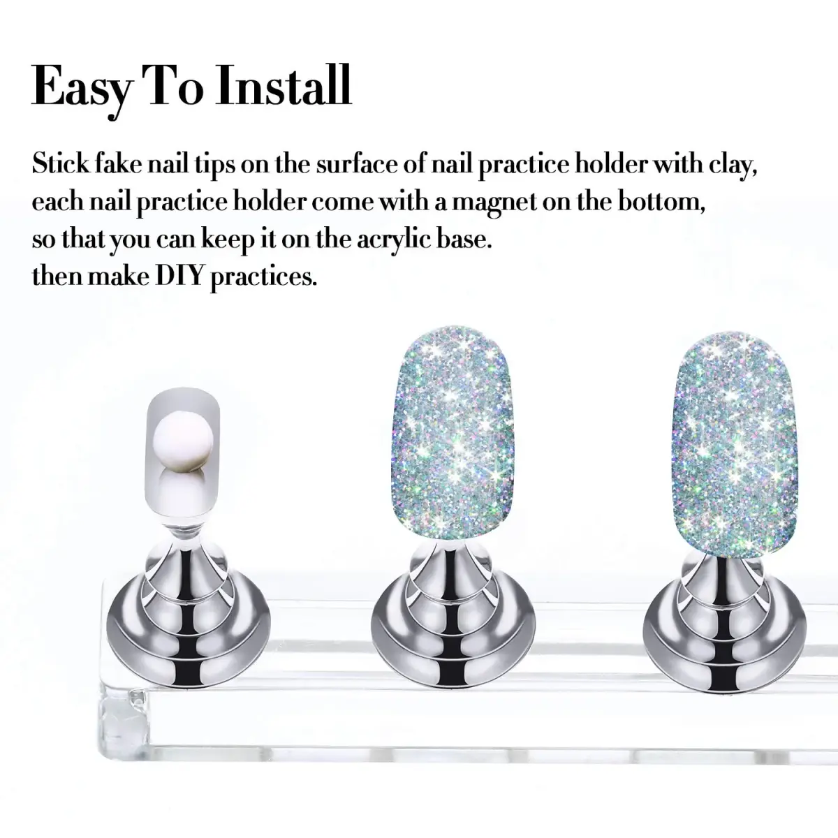 Blulu Magnetic Nail Art Practice Stands Set with 96 Adhesive Putty | 2 Sets Silver - view 5