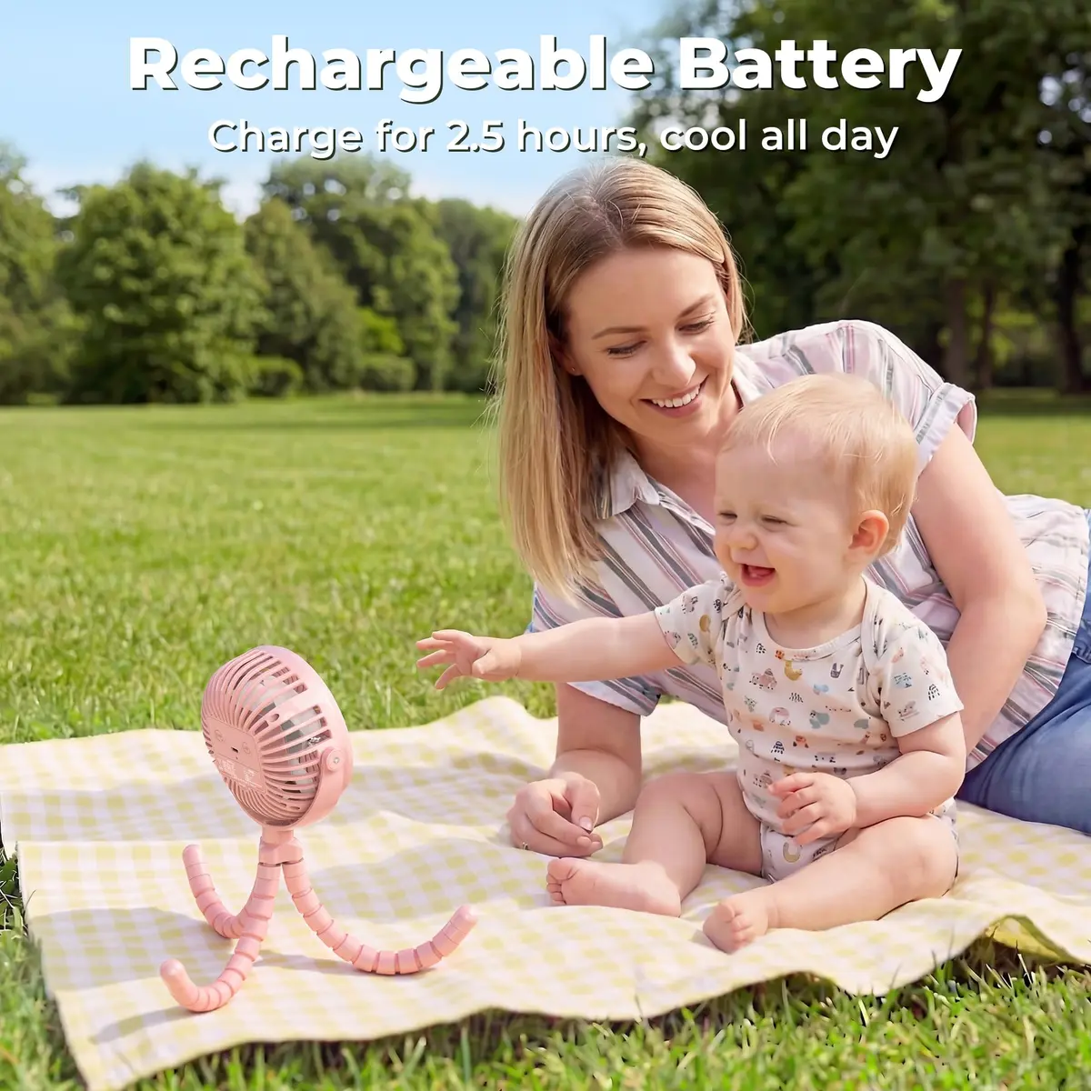 AMACOOL Battery Operated Stroller Fan 2600mAh Pink | Portable Clip On Fan Rechargeable - view 4