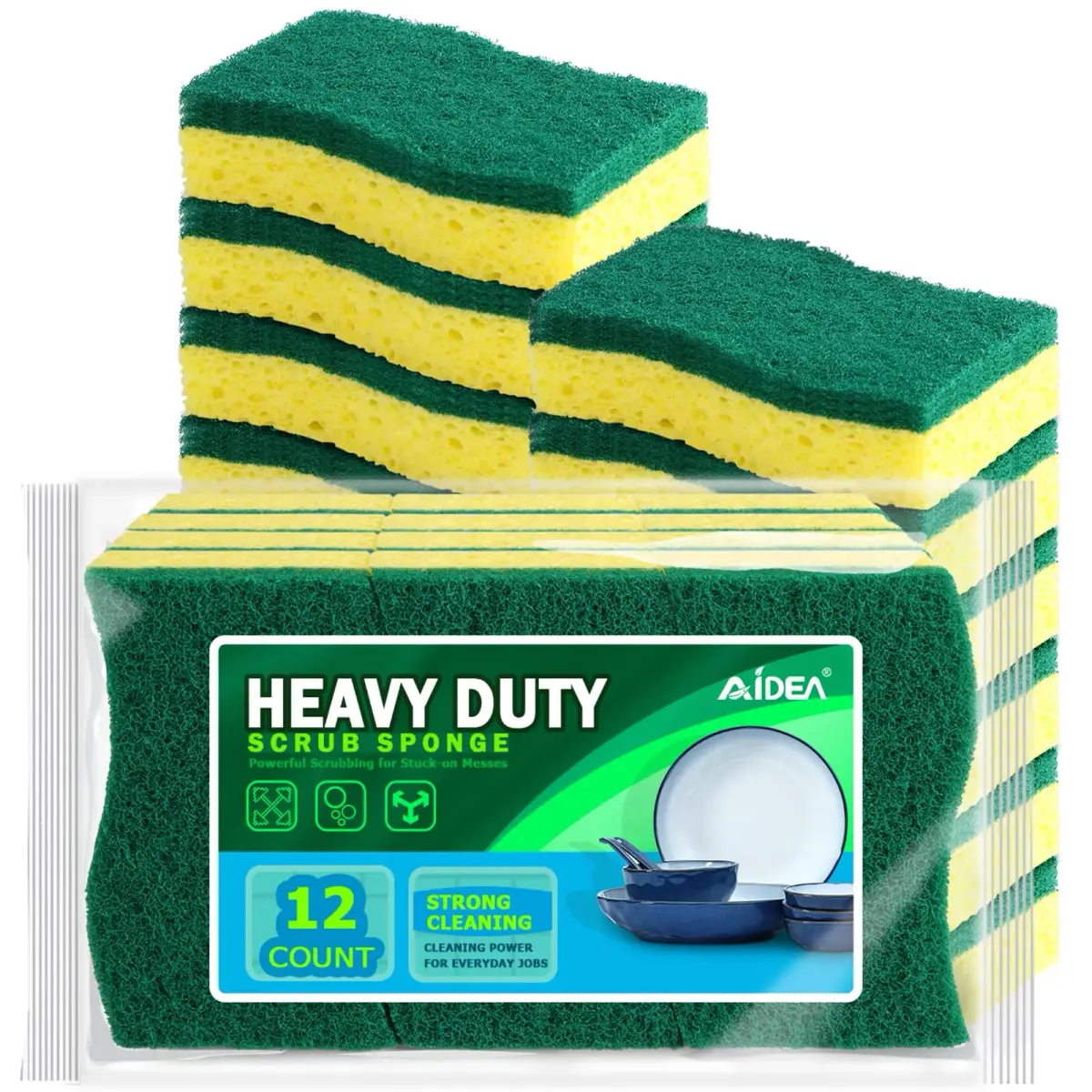 AIDEA Heavy Duty Cleaning Sponges (12 Count, Green) | Natural Biodegradable Scrubbing Power - main product image