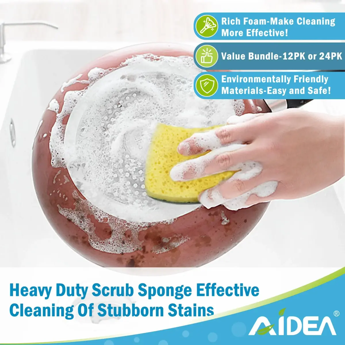 AIDEA Heavy Duty Cleaning Sponges (12 Count, Green) | Natural Biodegradable Scrubbing Power - view 5