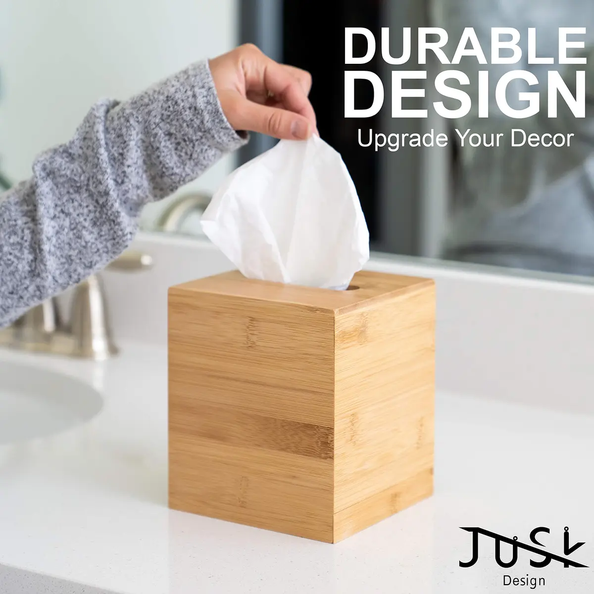 JUSK Design Tissue Box Holder - Modern, Minimalist, Durable Wooden Bamboo Square | Easy Refill - view 6