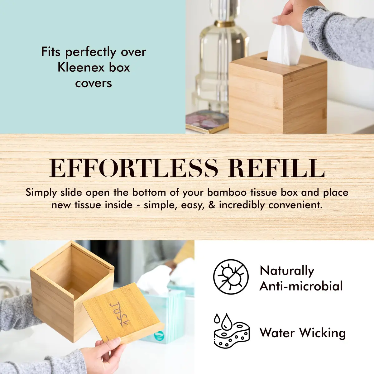 JUSK Design Tissue Box Holder - Modern, Minimalist, Durable Wooden Bamboo Square | Easy Refill - view 2
