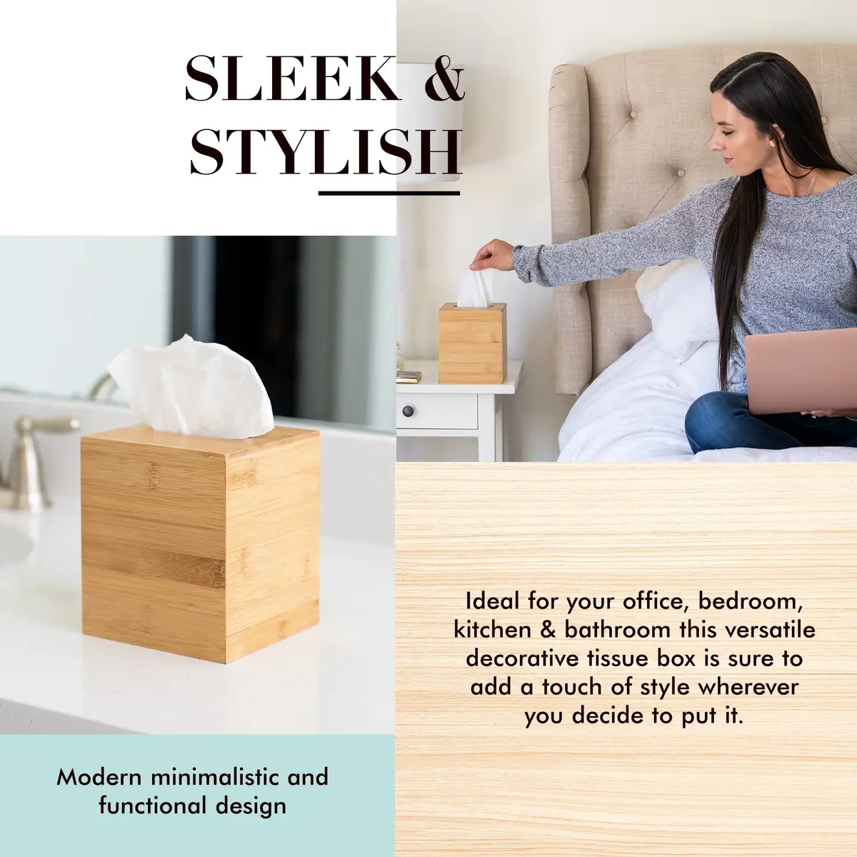 JUSK Design Tissue Box Holder - Modern, Minimalist, Durable Wooden Bamboo Square | Easy Refill - view 3