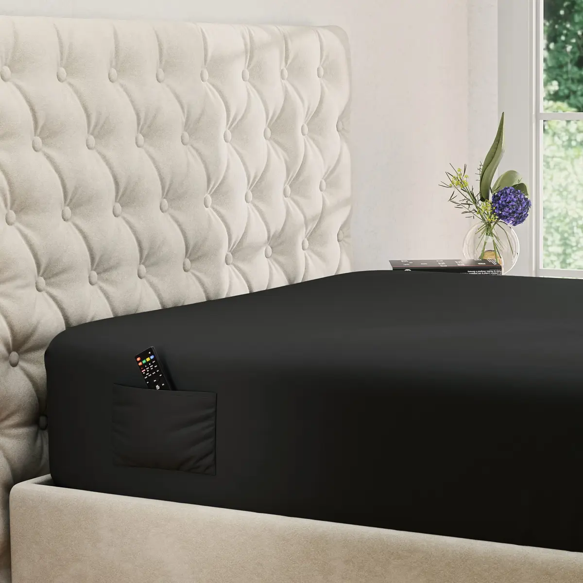 DREAMCARE King Fitted Sheet Only - Extra Deep Pocket Microfiber Bed Sheet in Black - main product image