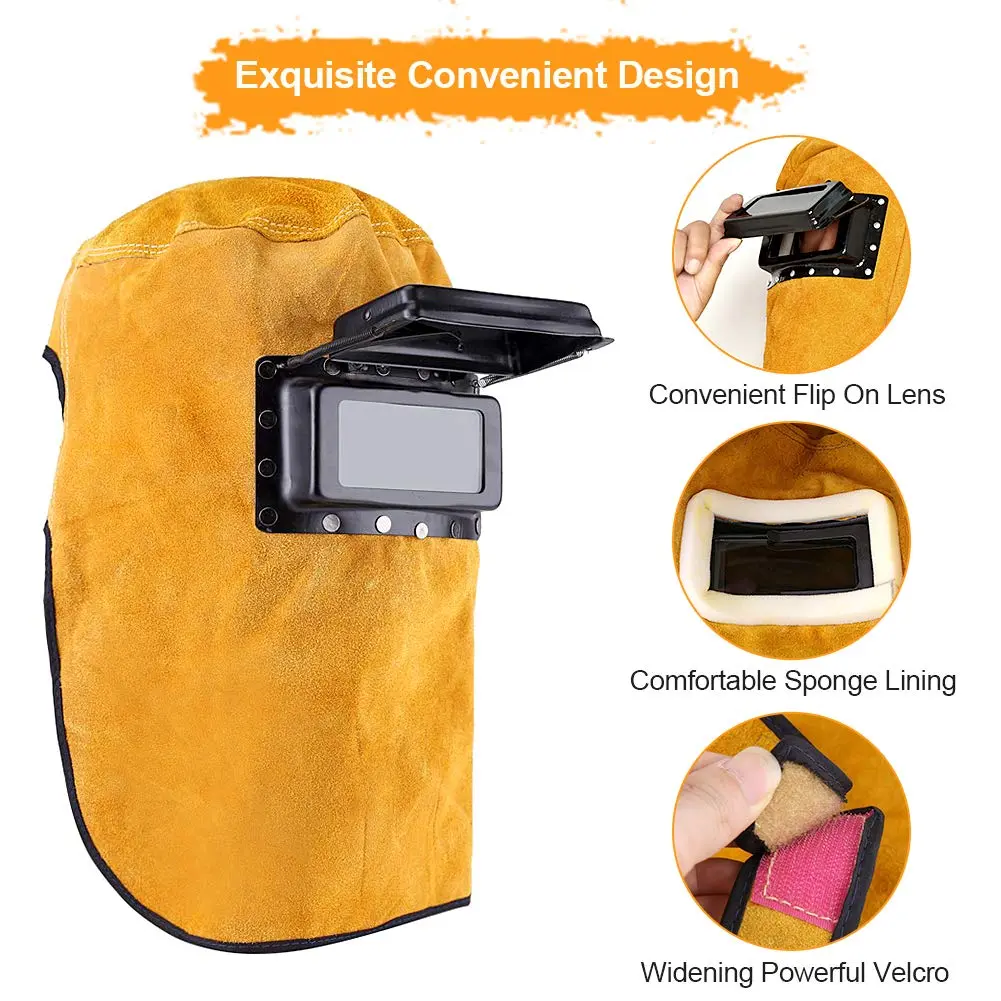 Ejoyous Yellow Leather Welding Hood Welder Mask with Flip-Open Lens | 32.5cm Height - view 4