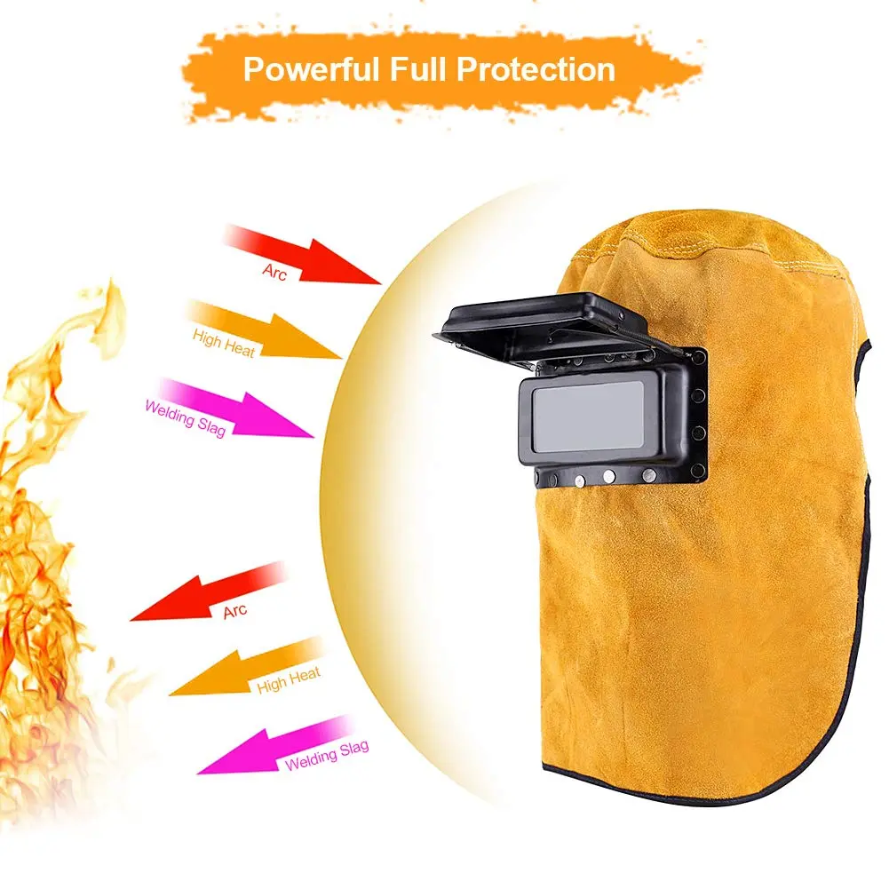 Ejoyous Yellow Leather Welding Hood Welder Mask with Flip-Open Lens | 32.5cm Height - view 5