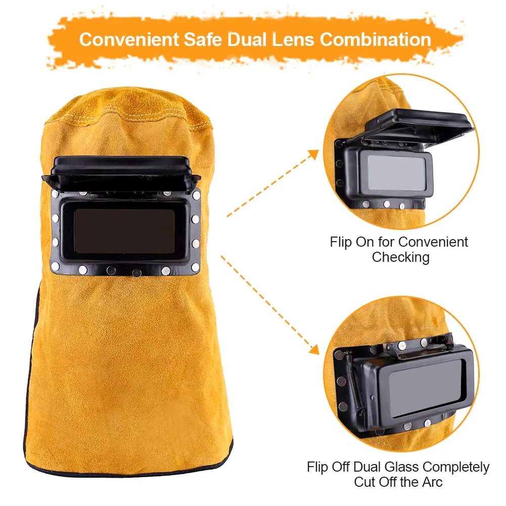Ejoyous Yellow Leather Welding Hood Welder Mask with Flip-Open Lens | 32.5cm Height - view 6