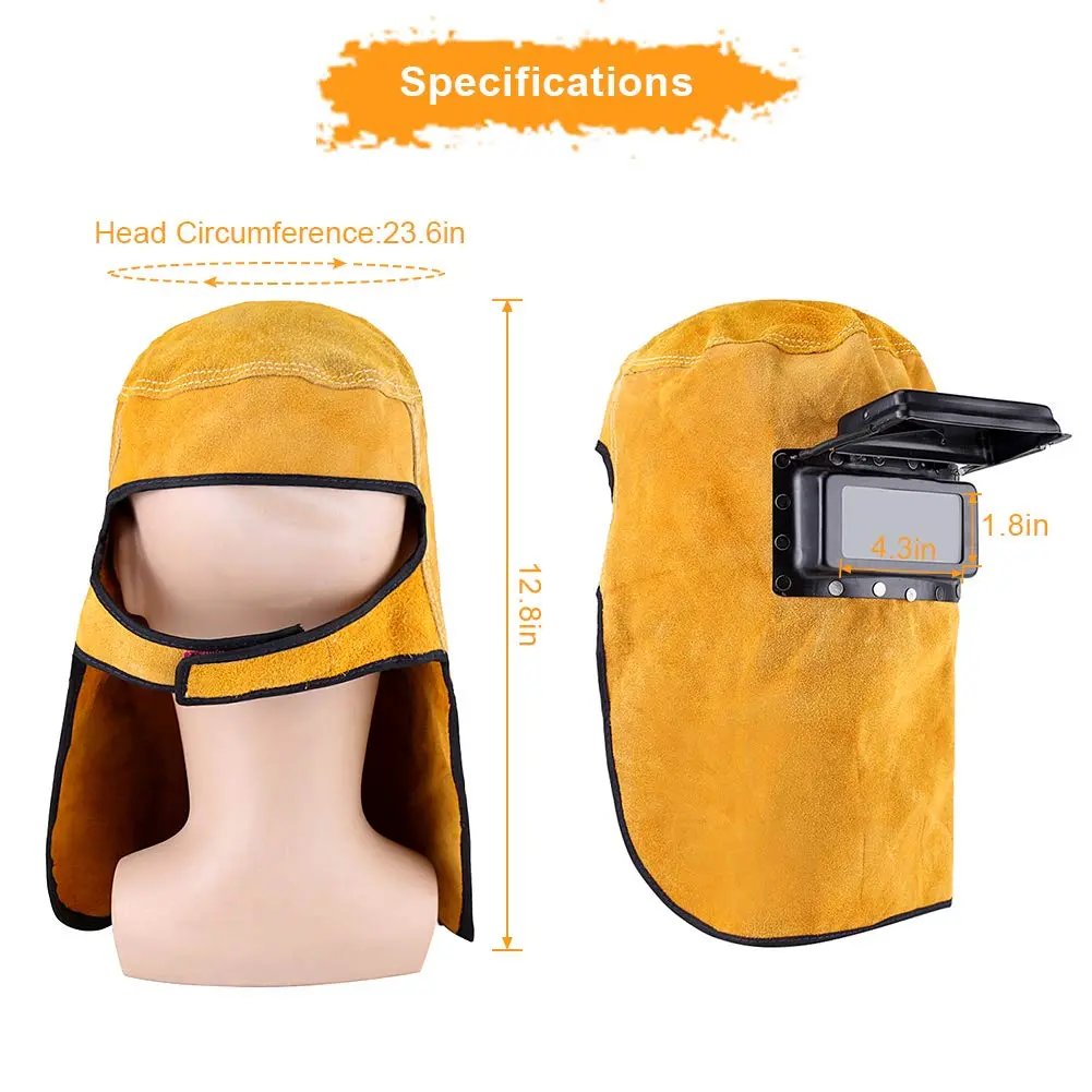 Ejoyous Yellow Leather Welding Hood Welder Mask with Flip-Open Lens | 32.5cm Height - view 7