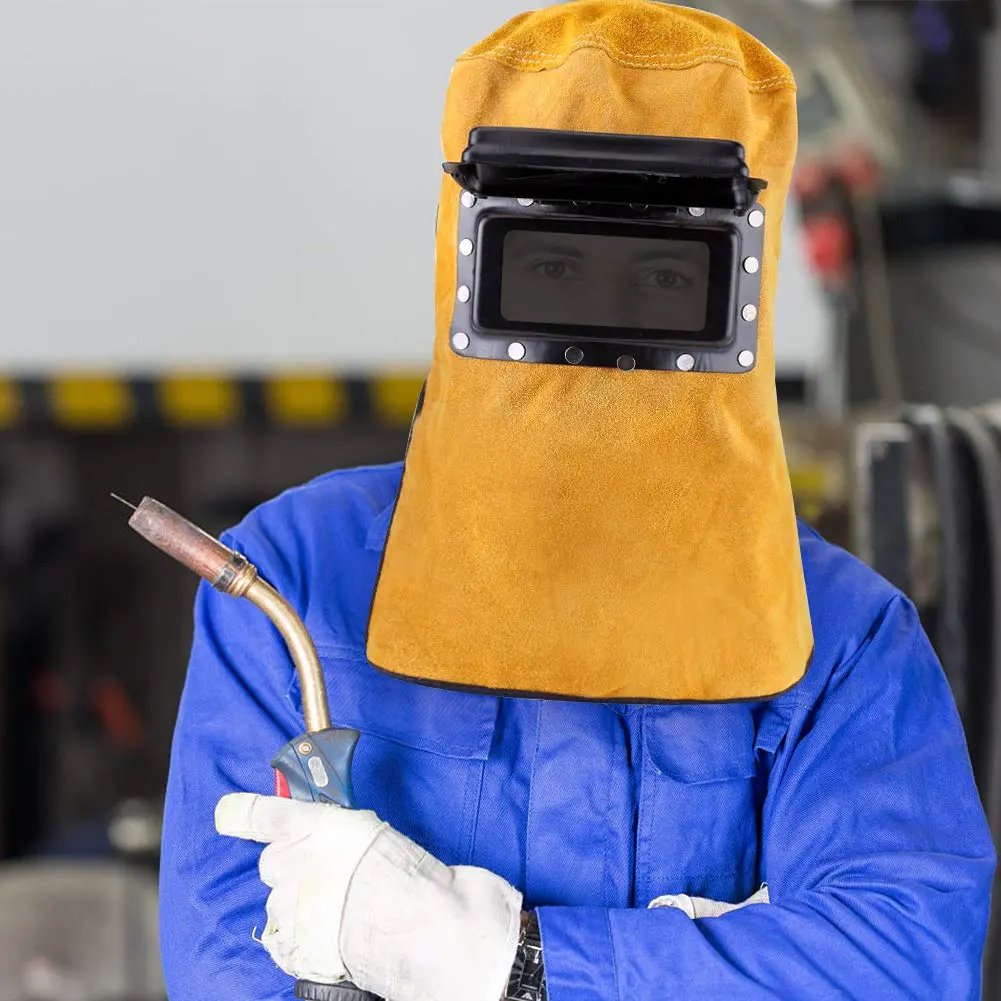 Ejoyous Yellow Leather Welding Hood Welder Mask with Flip-Open Lens | 32.5cm Height - view 2