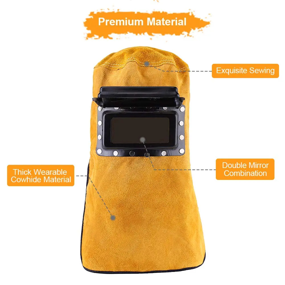 Ejoyous Yellow Leather Welding Hood Welder Mask with Flip-Open Lens | 32.5cm Height - view 3