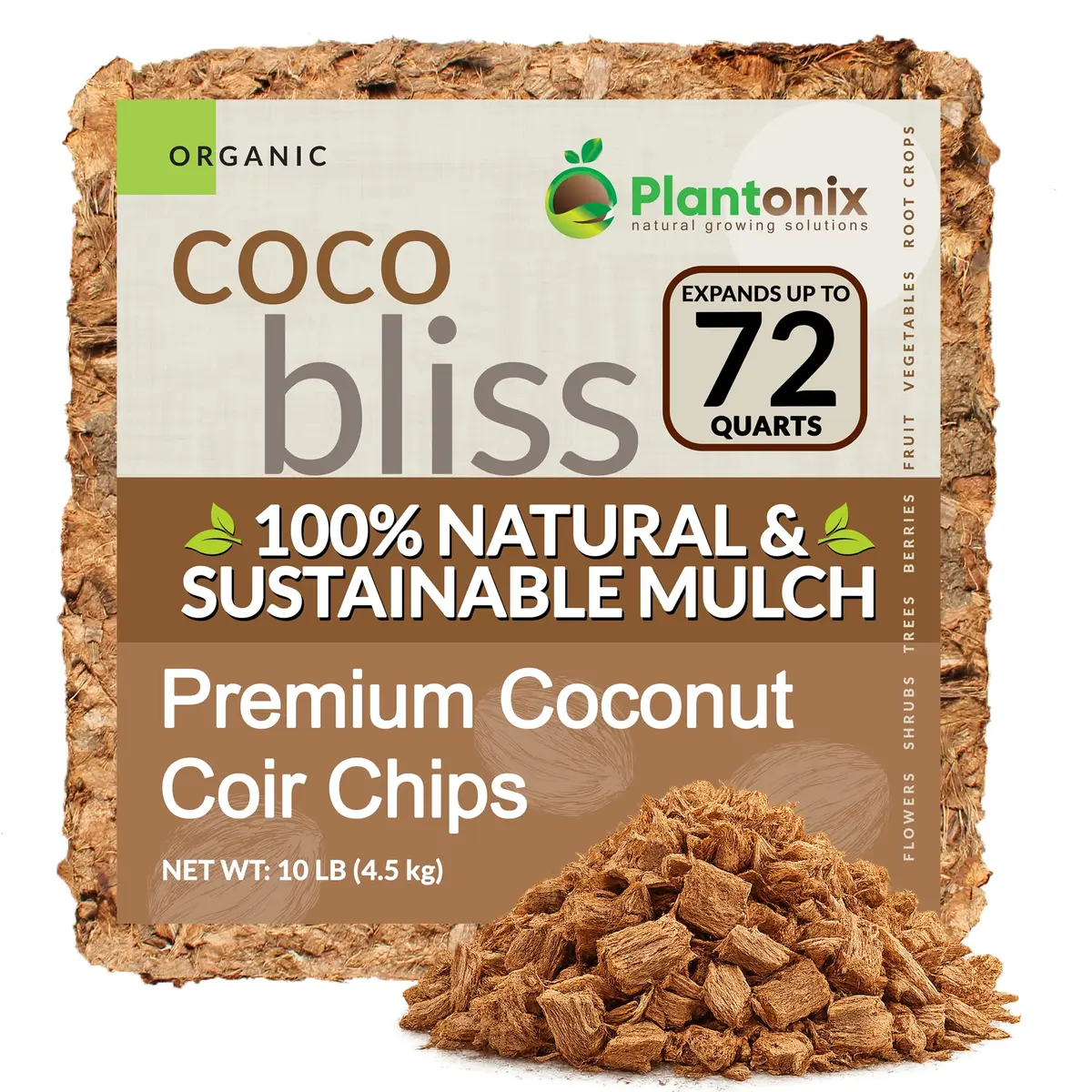 plantonix Coco Chips Mulch Brick (10lbs) | Organic Moisture Retention for Gardens - main product image