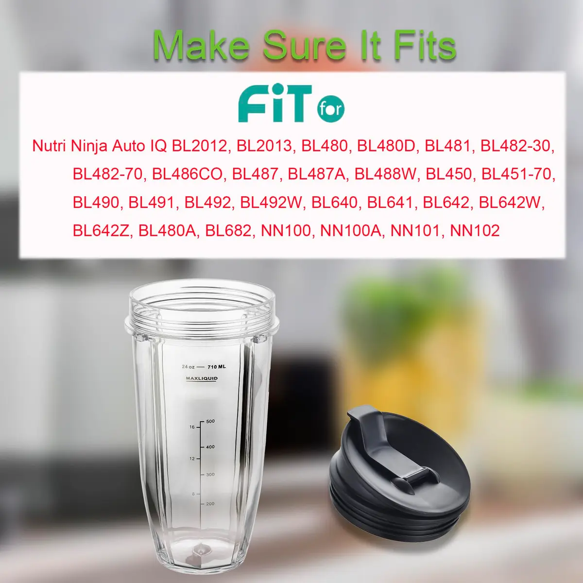 WWjiuyue 24oz Blender Cups with Sip & Seal Lids, 2-Pack | Compatible with Ninja Auto IQ Series BL480 BL481 BL482 BL490 BL640 BL680 BL450 - view 5