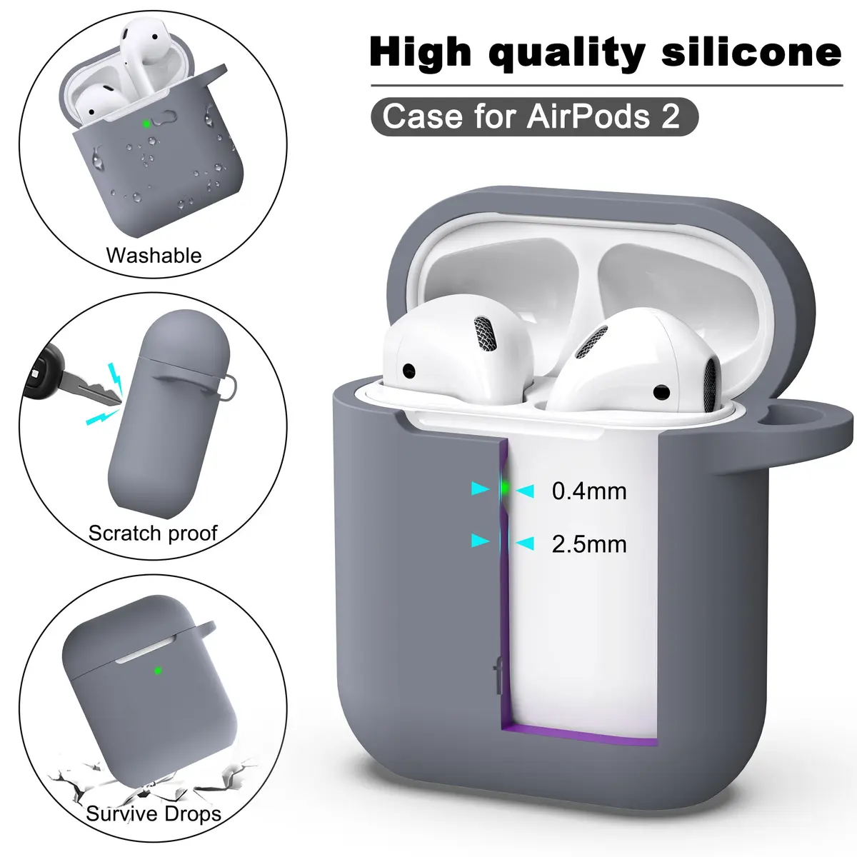 R-fun Dark Gray Silicone Case for AirPods 1st & 2nd Gen | Protective Cover with Carabiner & Cleaner Kit - view 6