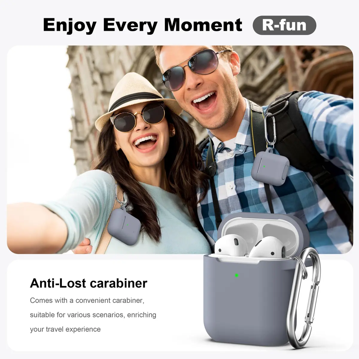 R-fun Dark Gray Silicone Case for AirPods 1st & 2nd Gen | Protective Cover with Carabiner & Cleaner Kit - view 2