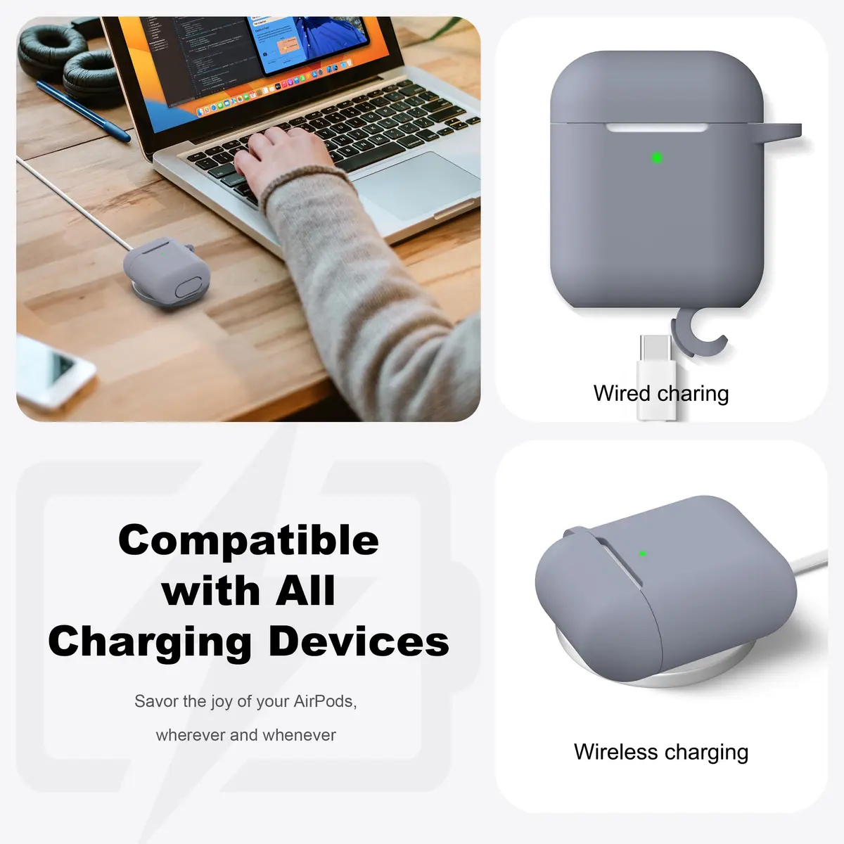 R-fun Dark Gray Silicone Case for AirPods 1st & 2nd Gen | Protective Cover with Carabiner & Cleaner Kit - view 4
