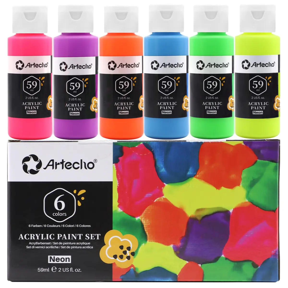 Artecho Neon Acrylic Paint Set 6 x 59ml | Vibrant Fluorescent Colors for Art & Crafts - main product image