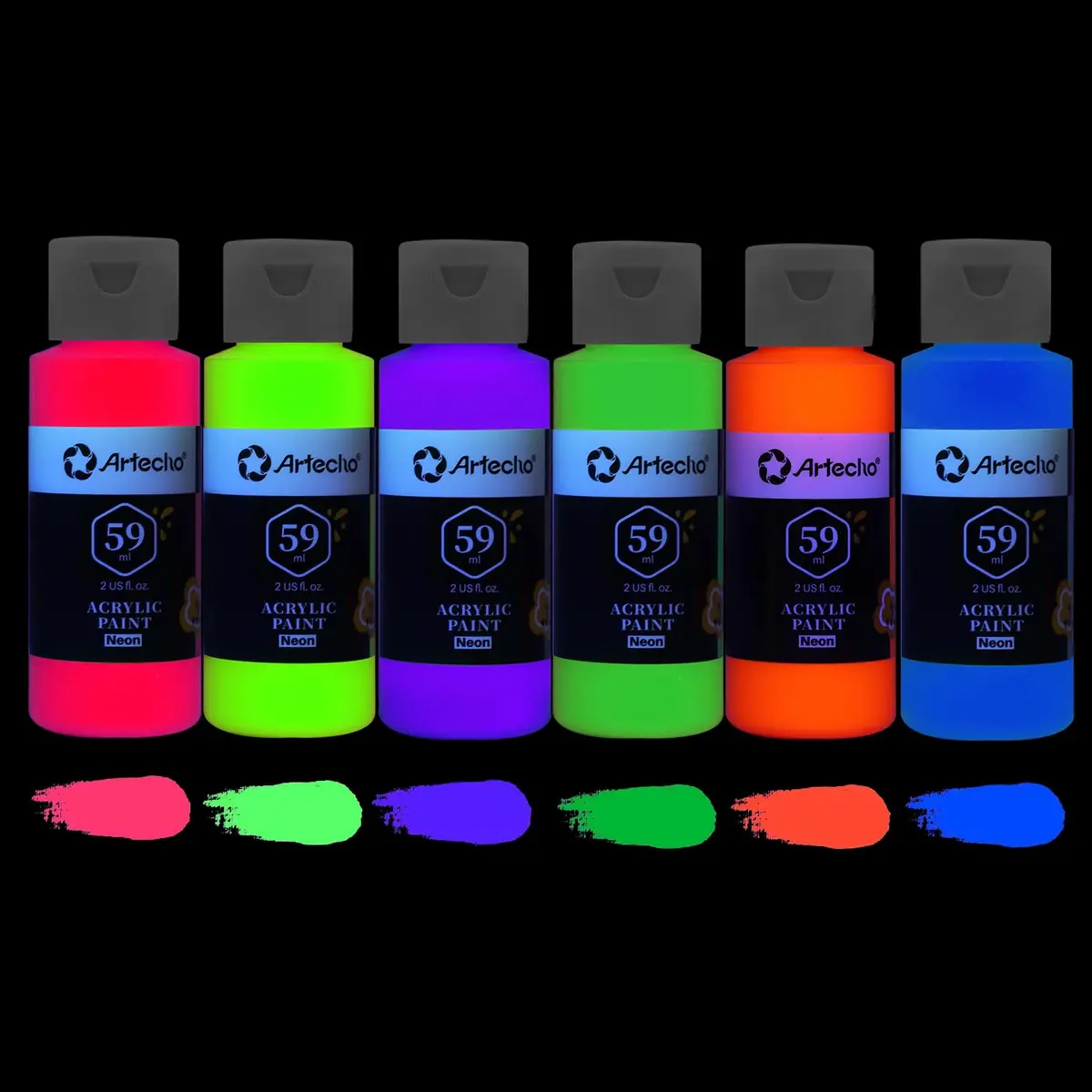 Artecho Neon Acrylic Paint Set 6 x 59ml | Vibrant Fluorescent Colors for Art & Crafts - view 2