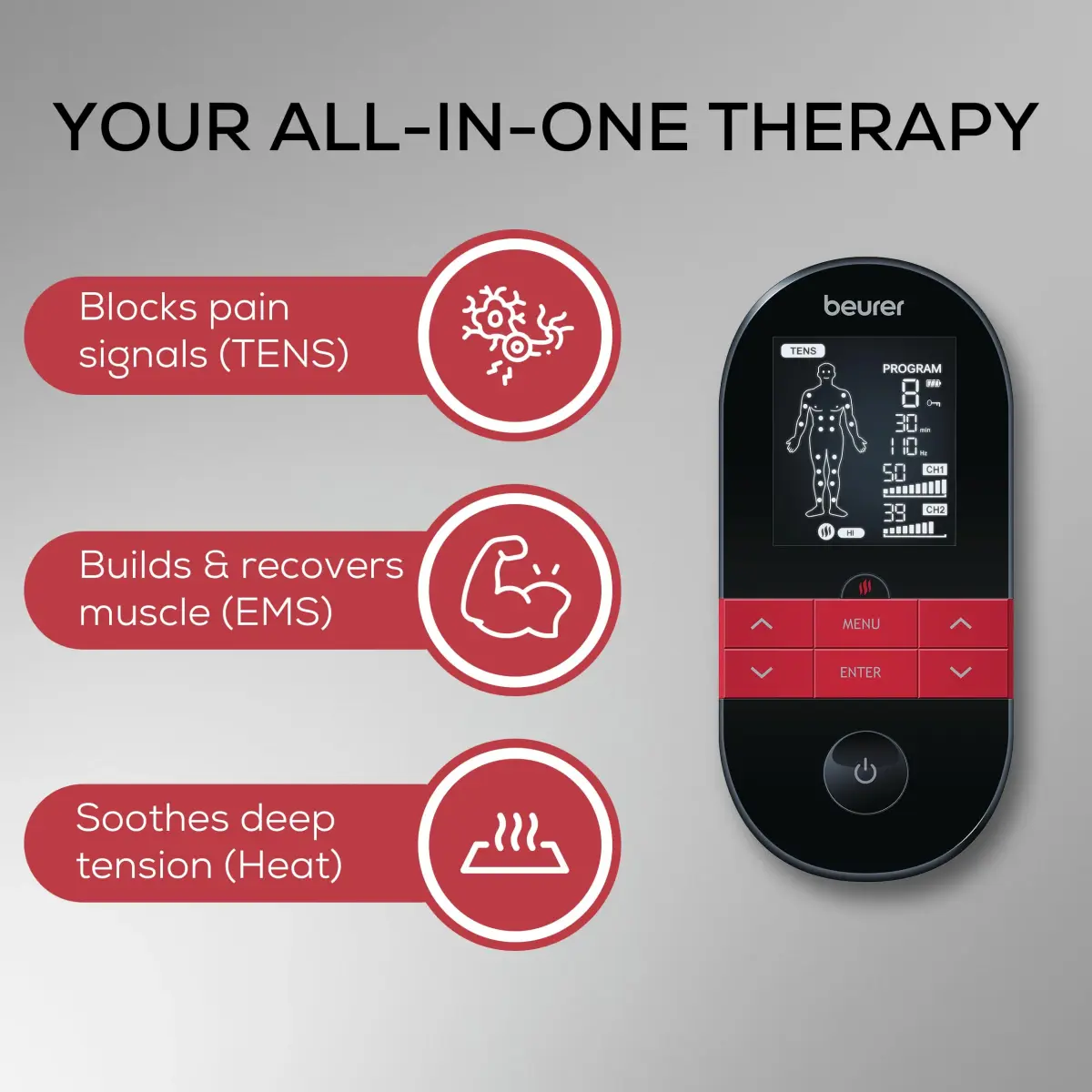 Beurer EM59 Digital 3-in-1 TENS Unit, EMS & Heat Therapy with 64 Applications | 190g (6.7 oz) - view 2