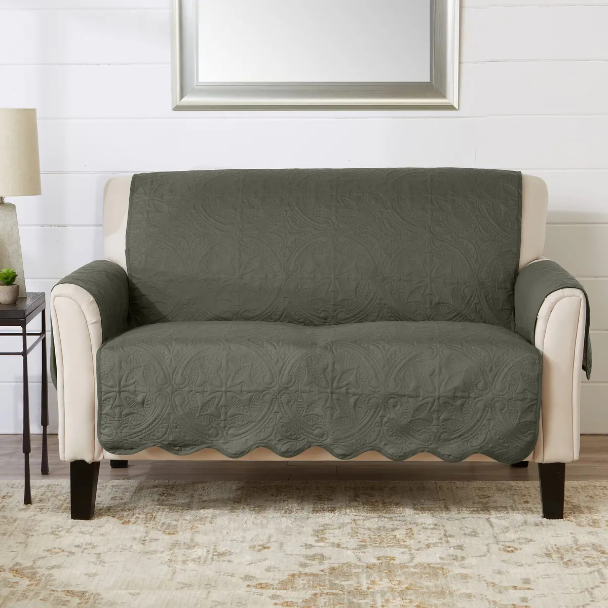 Great Bay Home Reversible Quilted Loveseat Cover, Sage Green/Light Gray | Elegant & Durable Microfiber - main product image