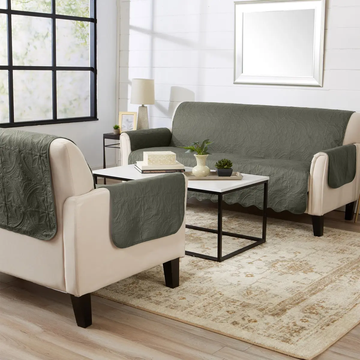 Great Bay Home Reversible Quilted Loveseat Cover, Sage Green/Light Gray | Elegant & Durable Microfiber - view 5